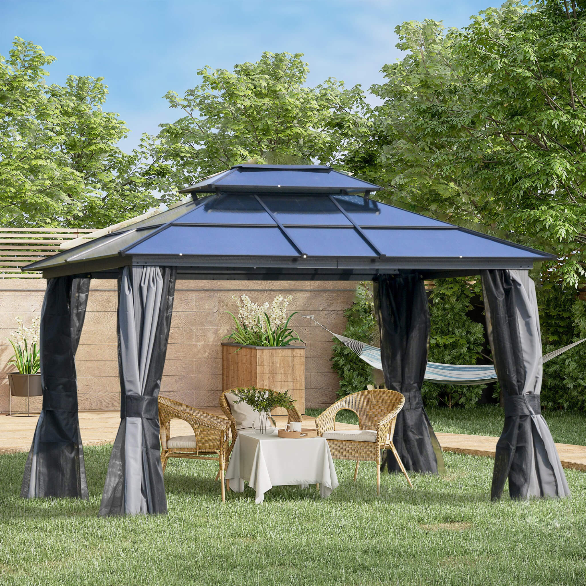 [10X12FT] Alora Hardtop Gazebo Canopy With Polycarbonate Double Roof, Netting, And Curtains (SAK15672)
