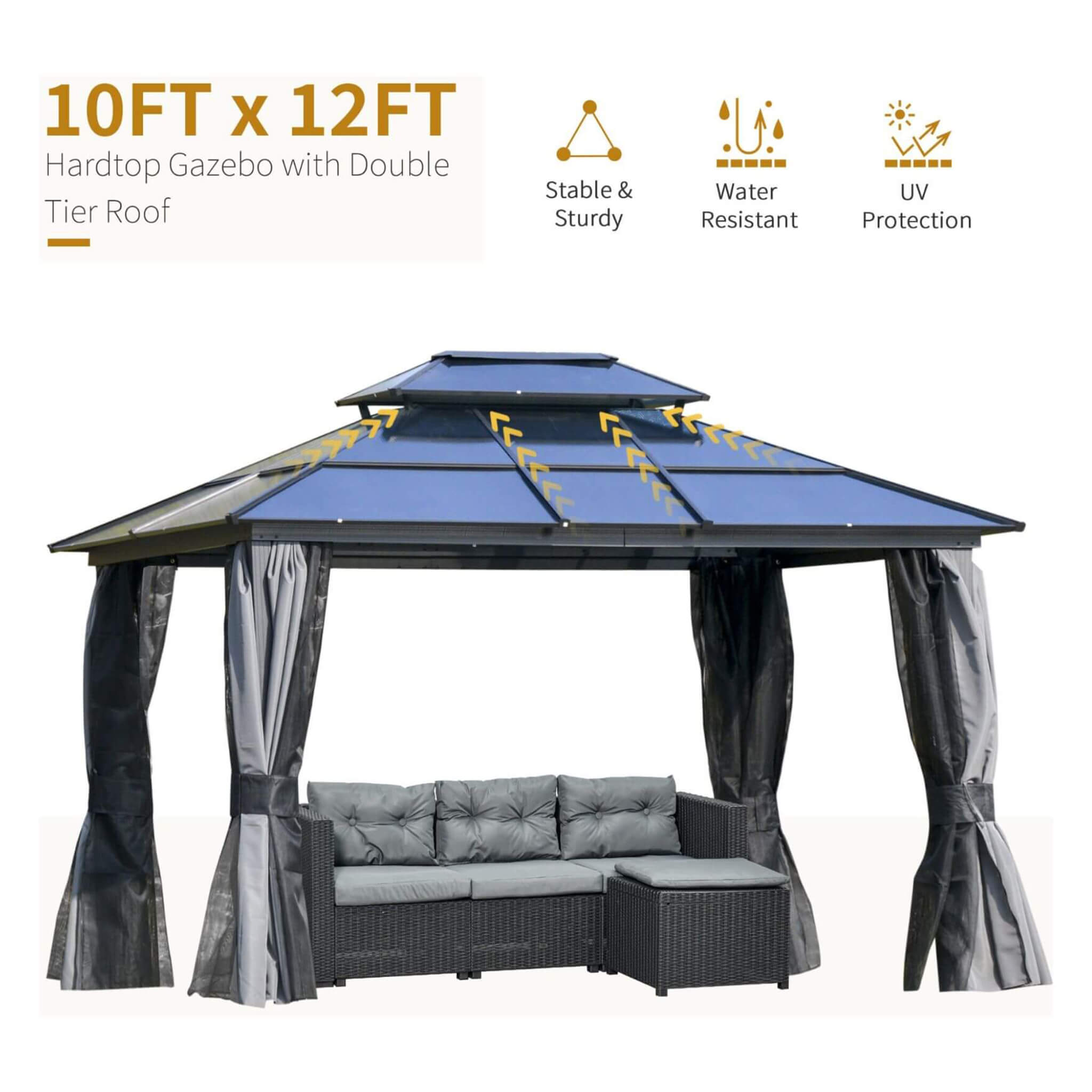 [10X12FT] Alora Hardtop Gazebo Canopy With Polycarbonate Double Roof, Netting, And Curtains (SAK15672)