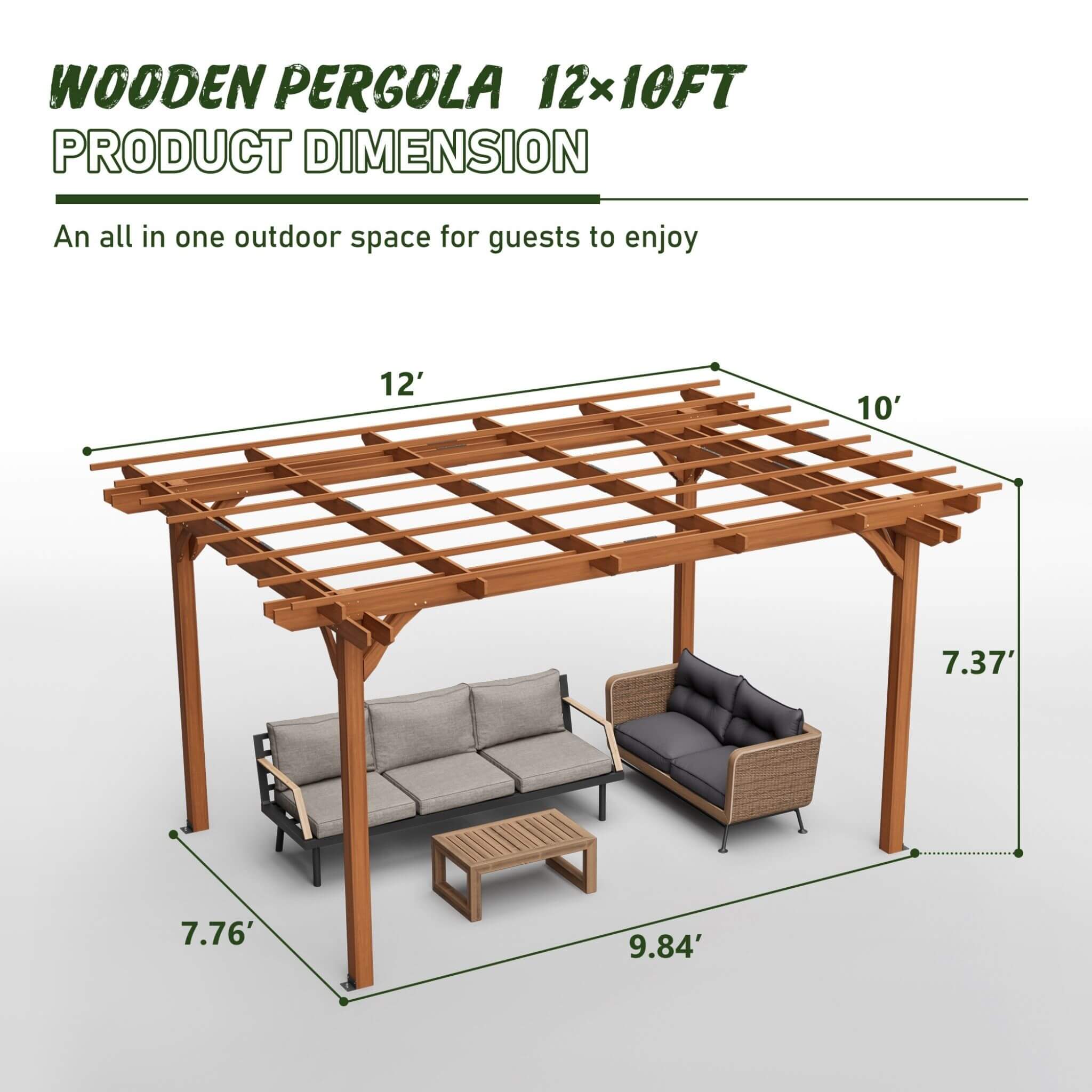 [10X12FT] Alora Premium Extra Large Outdoor Weather-Resistant Wooden Grape Pergola (SAK16278)