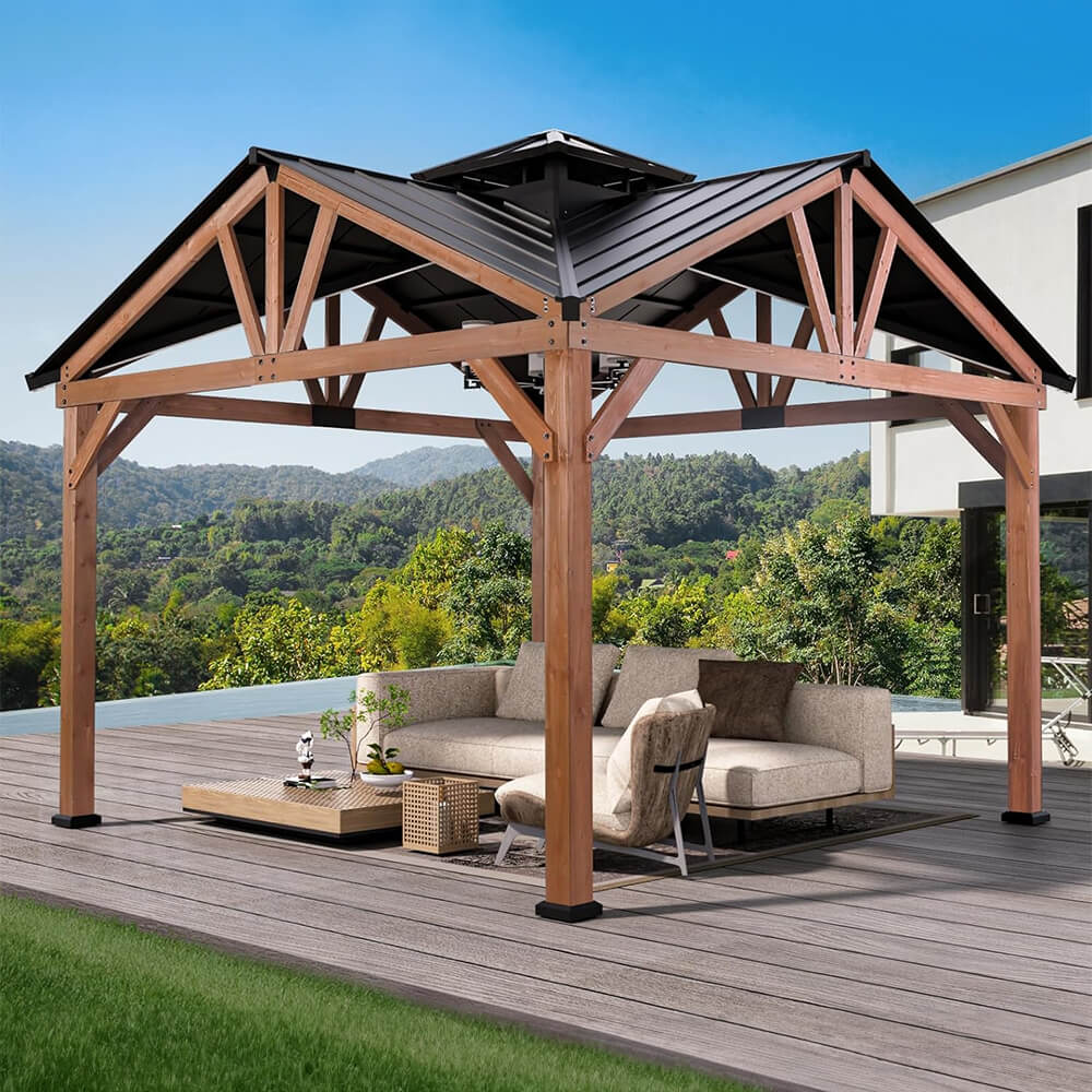 [12X12FT] Alora Premium Outdoor Cedar Wood Hardtop Gazebo With Galvanized Steel Roof (SAK31864)