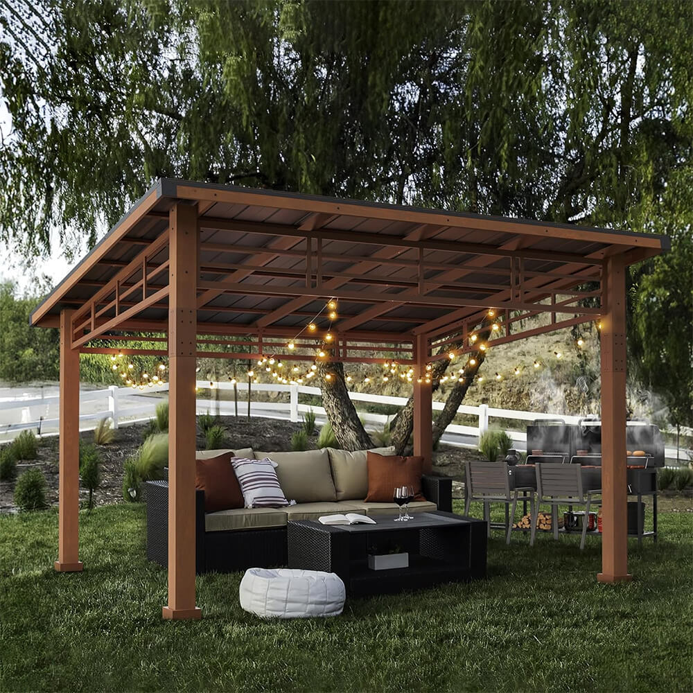 [12X14] Alora Heavy-Duty Outdoor Hardtop Wood Frame Gazebo Canopy With Metal Roof & Curtains (SAK43625)