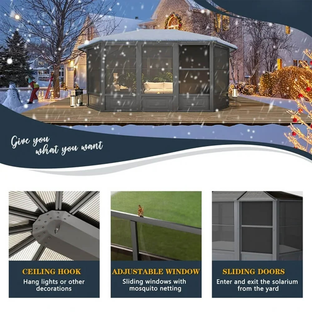 [12x15FT] Alora Extra Large Premium Outdoor All-Season Polycarbonate Hardtop Solarium Sunroom With Sliding Doors (SAK69584)