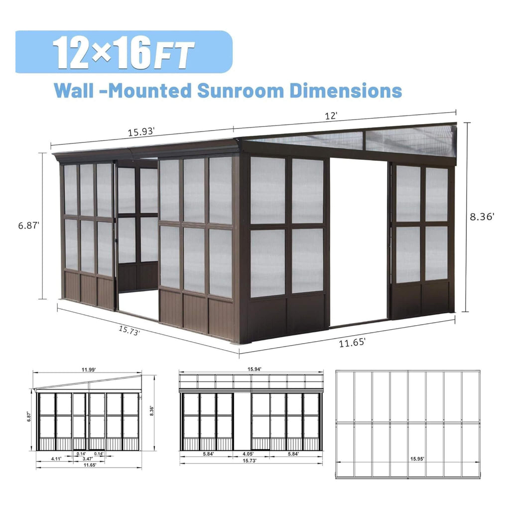 [12x16FT] Alora Extra Large All-Season Outdoor Wall-Mounted Sunroom Solarium With Detachable Polycarbonate Windows And Lockable Sliding Doors (SAK97835)