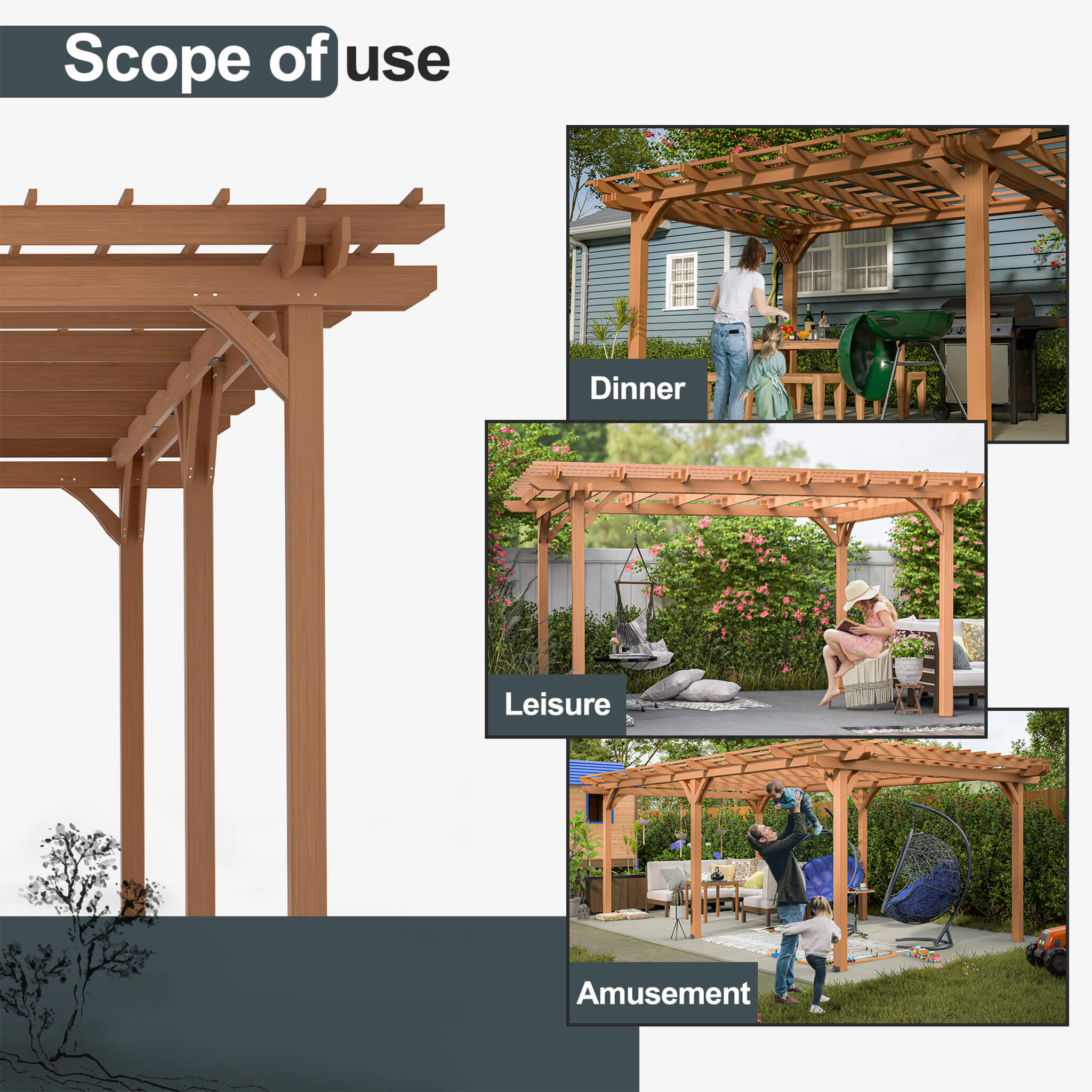 [12X16FT] Alora Extra Large Outdoor Wooden Waterproof Grape Gazebo, Brown (SAK76476)
