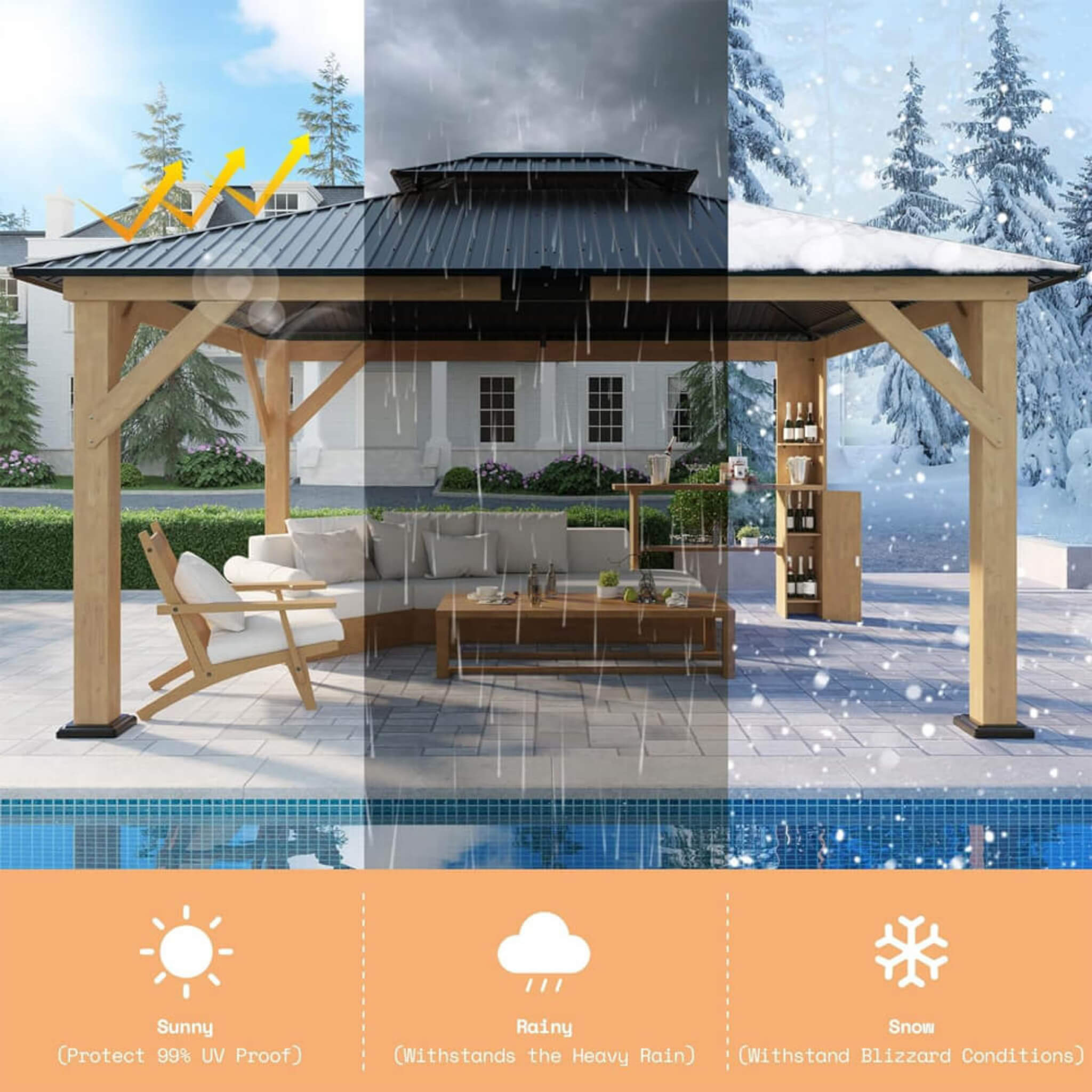 [13X15FT] Alora Premium Outdoor All-Season Wooden Cedar Hardtop Gazebo Carport With Double Iron Roof (SAK35187)