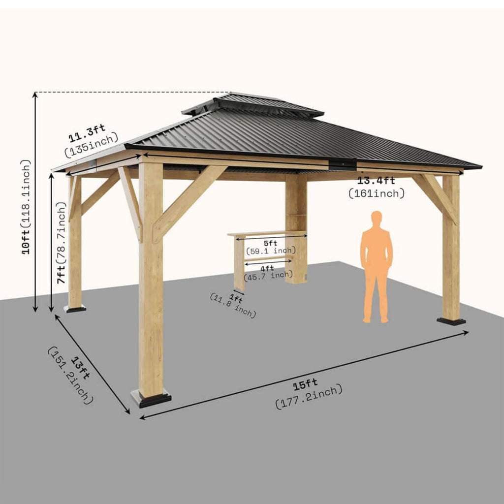 [13X15FT] Alora Premium Outdoor All-Season Wooden Cedar Hardtop Gazebo Carport With Double Iron Roof (SAK35187)