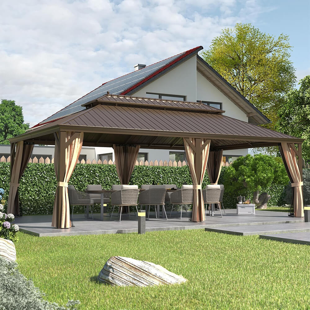 [14X24FT] Alora Heavy-Duty Aluminum Galvanized Steel Double Roof Hardtop Gazebo With Netting And Curtains (SAK41853)