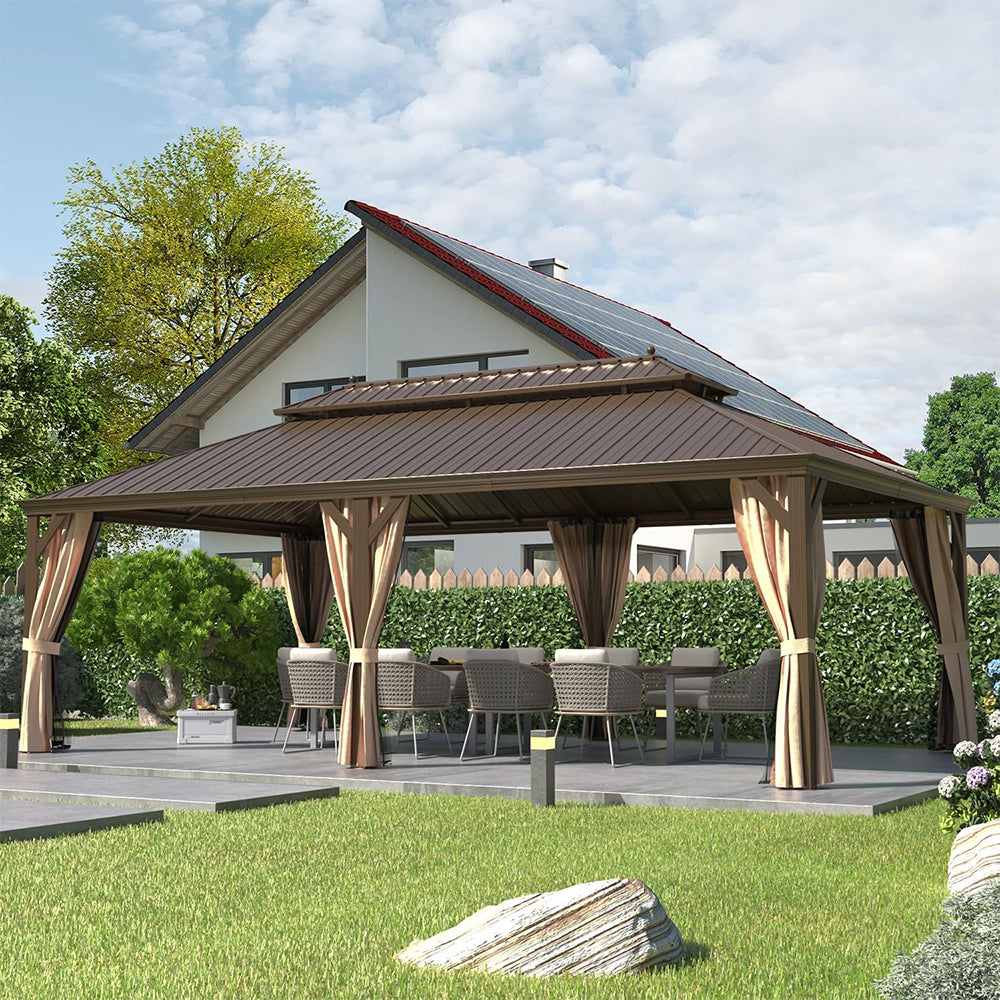 [14X24FT] Alora Heavy-Duty Aluminum Galvanized Steel Double Roof Hardtop Gazebo With Netting And Curtains (SAK41853)