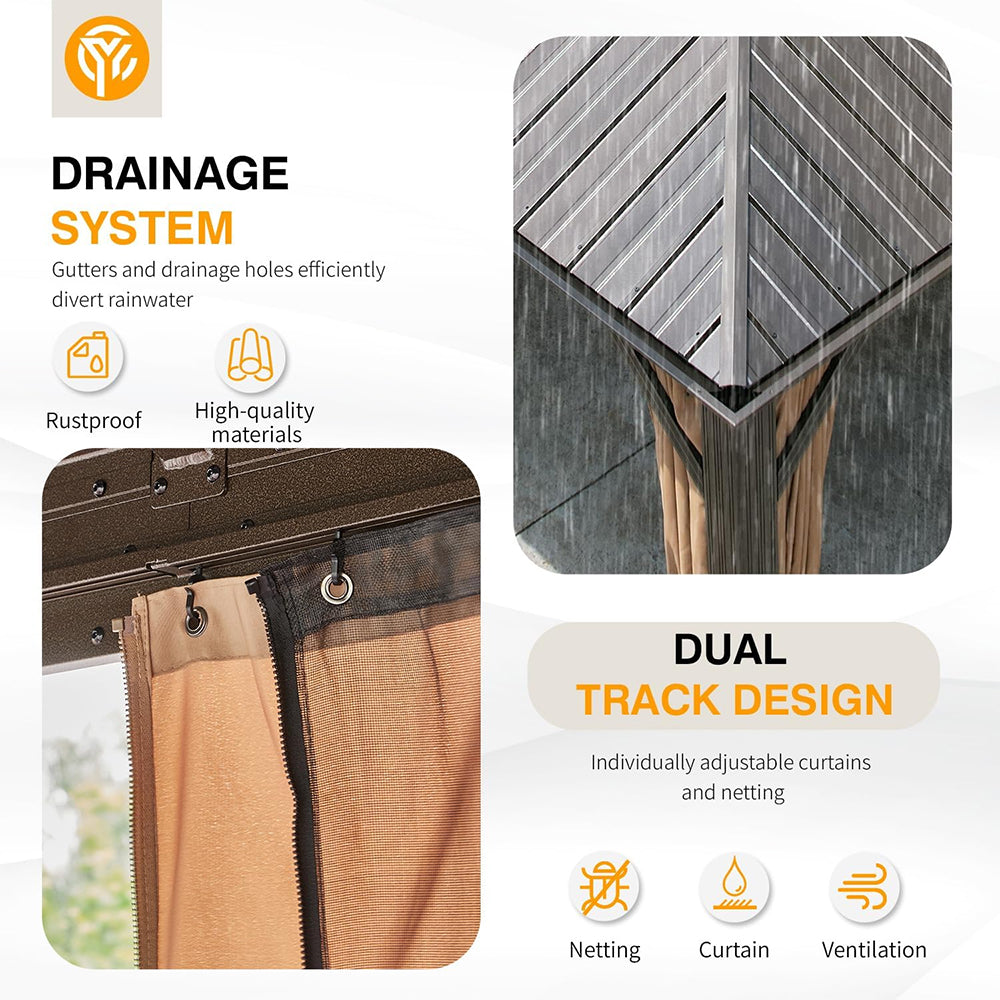 [14X24FT] Alora Heavy-Duty Aluminum Galvanized Steel Double Roof Hardtop Gazebo With Netting And Curtains (SAK41853)