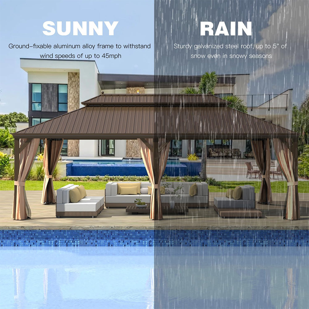 [14X24FT] Alora Heavy-Duty Aluminum Galvanized Steel Double Roof Hardtop Gazebo With Netting And Curtains (SAK41853)