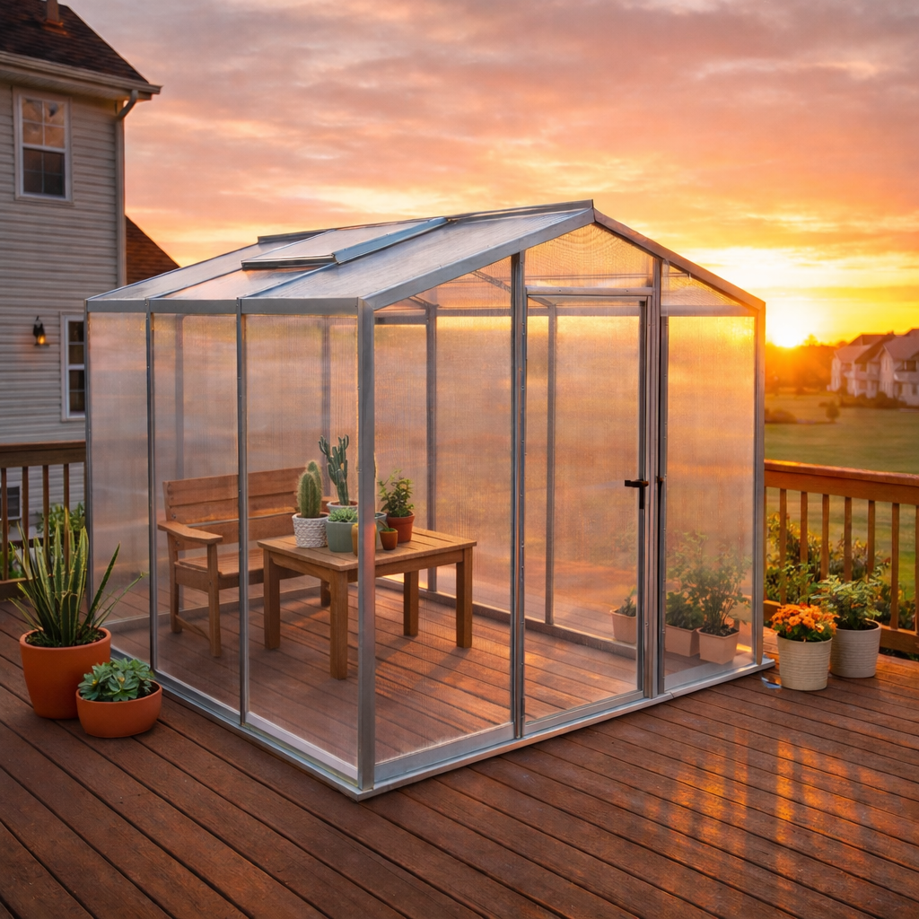 bare aluminum and polycarbonate greenhouse kit