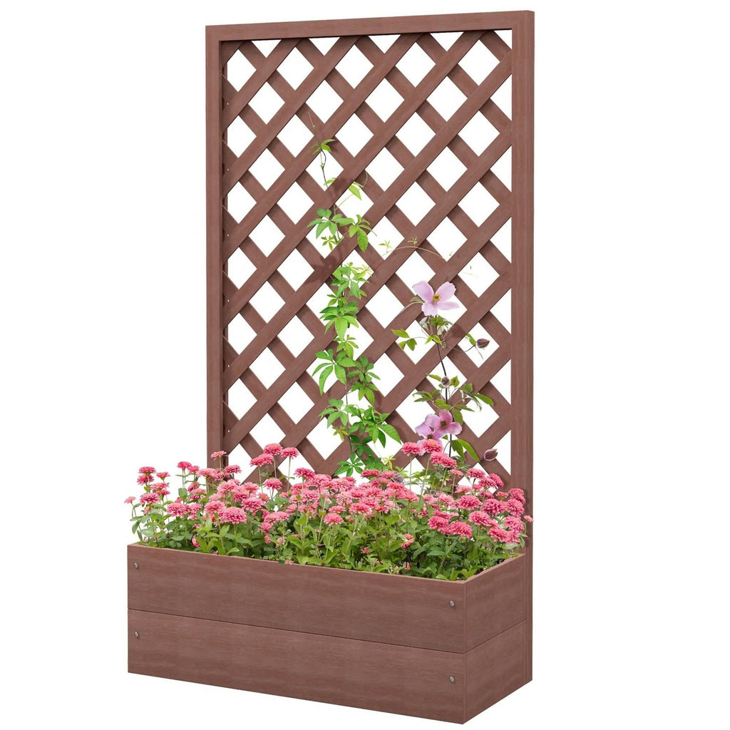 Outdoor Brown Wooden Raised Garden Bed Planter Box with Lattice Trellis