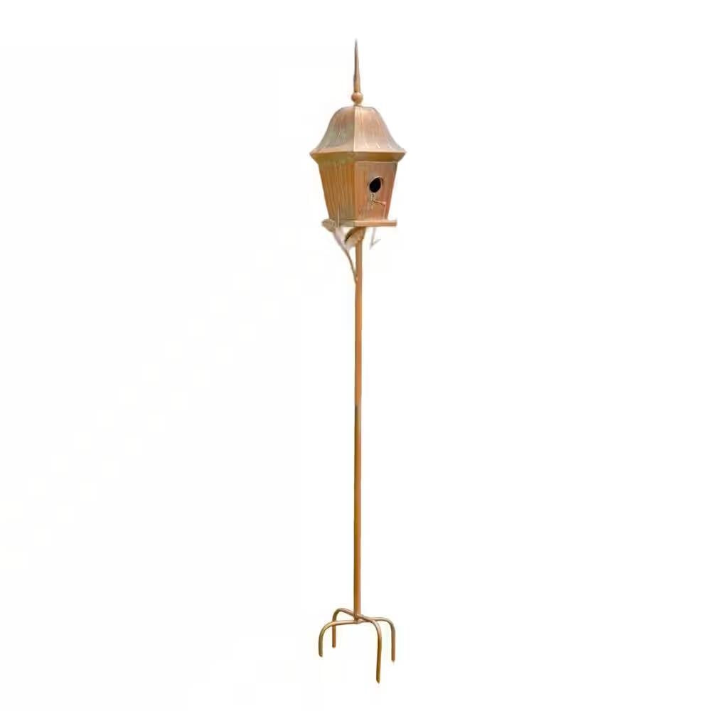 Copper Finish Metal Garden Birdhouse with Stake and Pole