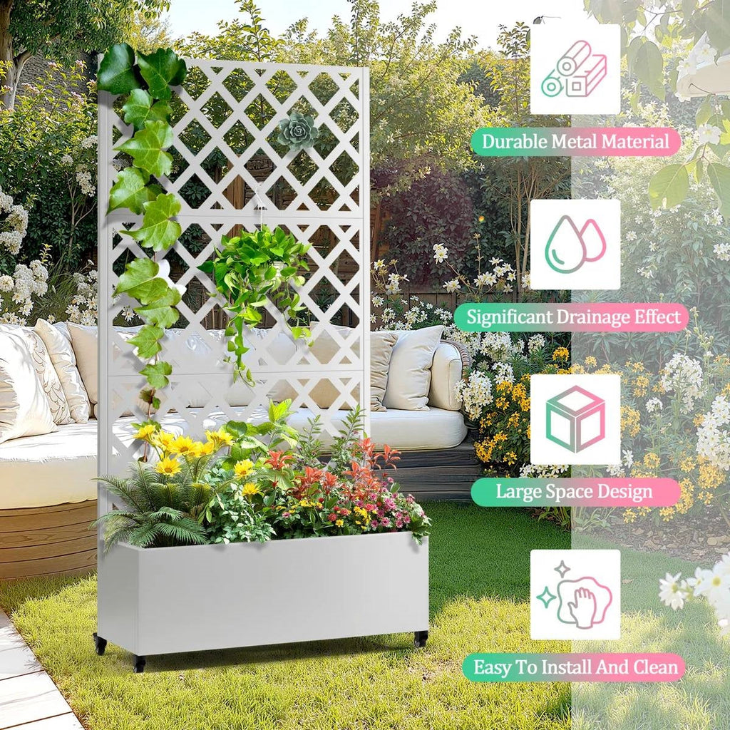 White Metal Outdoor Raised Garden Bed Planter Box with Trellis on Wheels