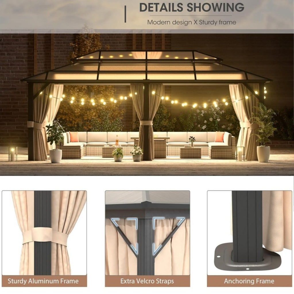 [12X20FT] Alora Premium Aluminum Outdoor Polycarbonate Hardtop Gazebo With UV Protection, Netting & Curtains (96815273)