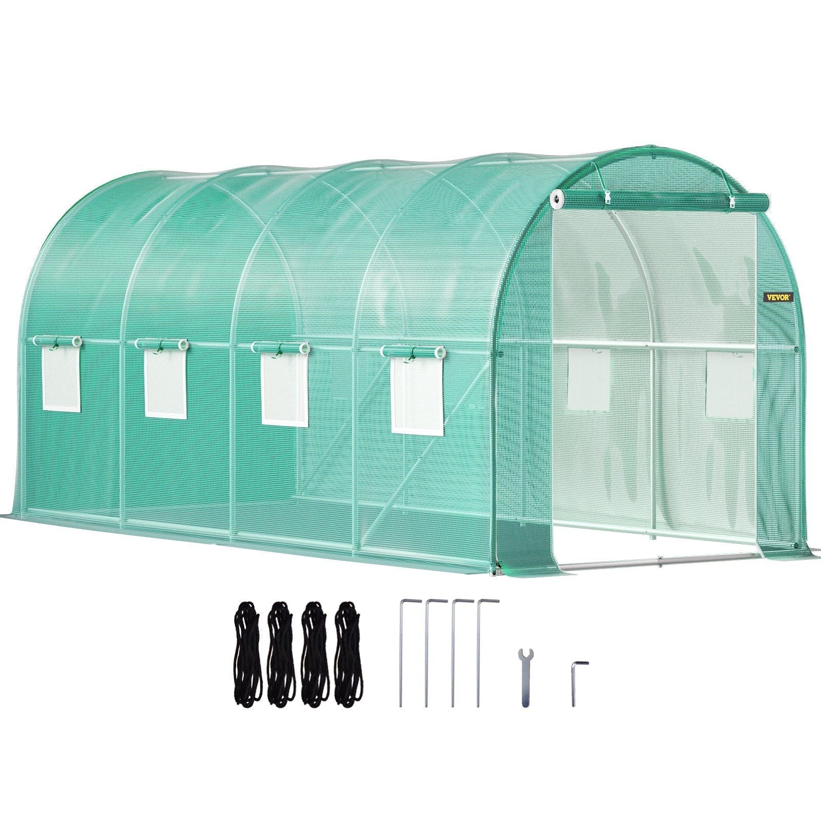 Walk-in Tunnel Greenhouse, 14.8 x 6.6 x 6.6 ft Portable Plant Hot House w/ Galvanized Steel Hoops, 1 Top Beam, Diagonal Poles, Zippered Door & 8 Roll-up Windows, Green