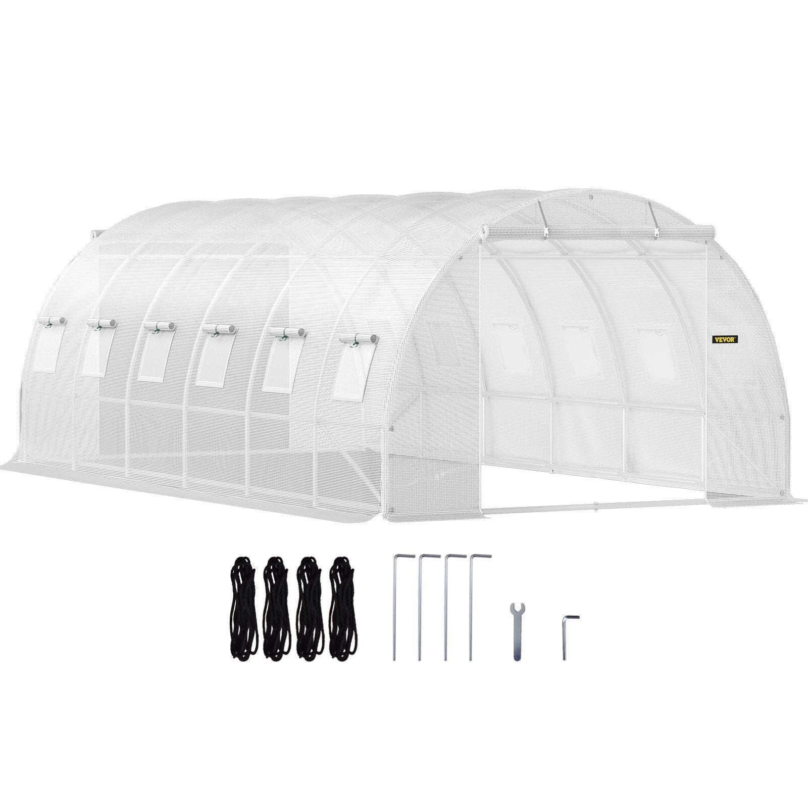 Walk-in Tunnel Greenhouse, 20 x 10 x 7 ft Portable Plant Hot House w/ Galvanized Steel Hoops, 3 Top Beams, Diagonal Poles, 2 Zippered Doors & 12 Roll-up Windows, White