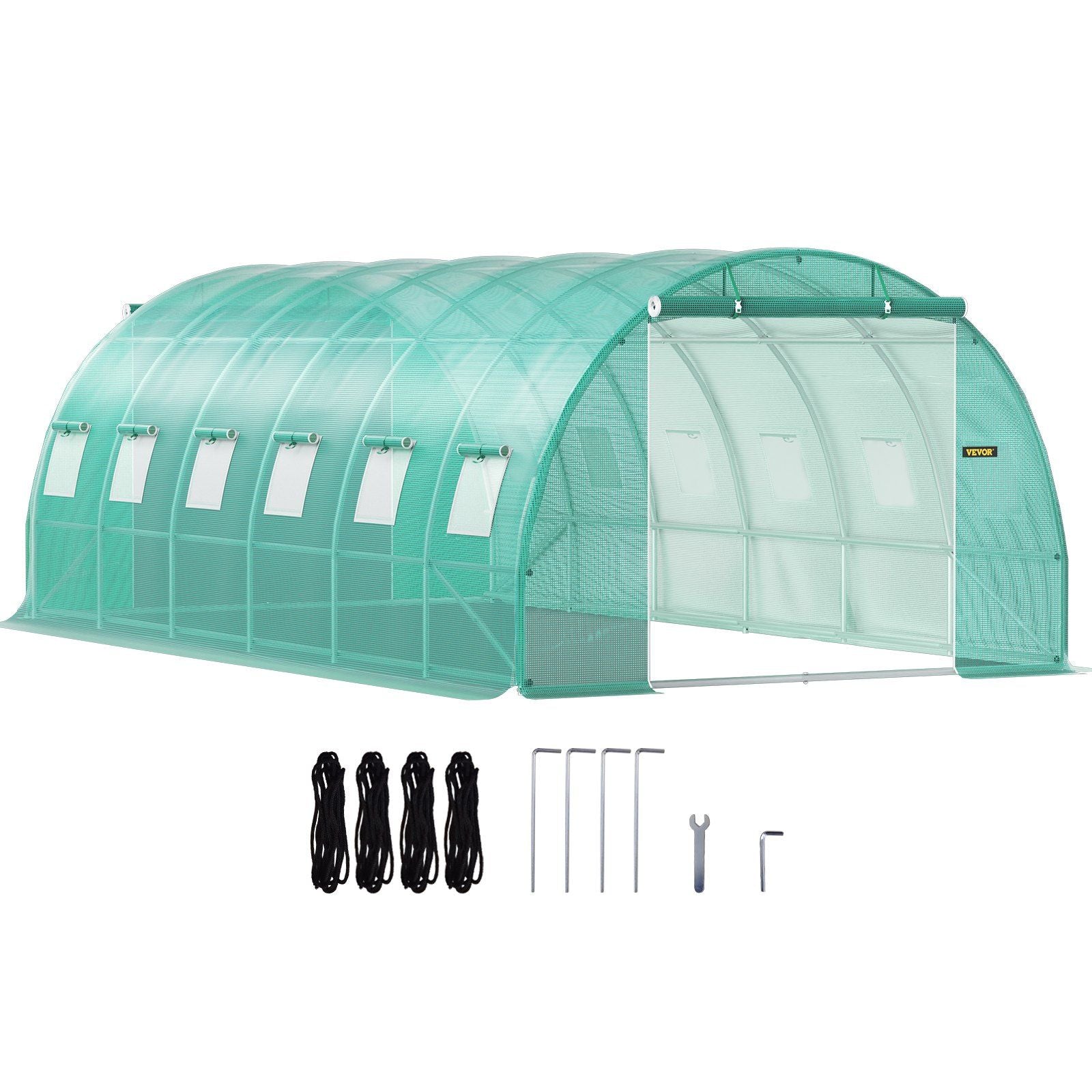 Walk-in Tunnel Greenhouse, 20 x 10 x 7 ft Portable Plant Hot House w/ Galvanized Steel Hoops, 3 Top Beams, Diagonal Poles, 2 Zippered Doors & 12 Roll-up Windows, Green