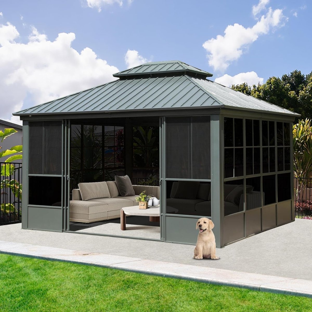 [12X14FT] Large Heavy-Duty All-Season Steel Top Aluminum Double Roof Backyard Gazebo (SAK97284)