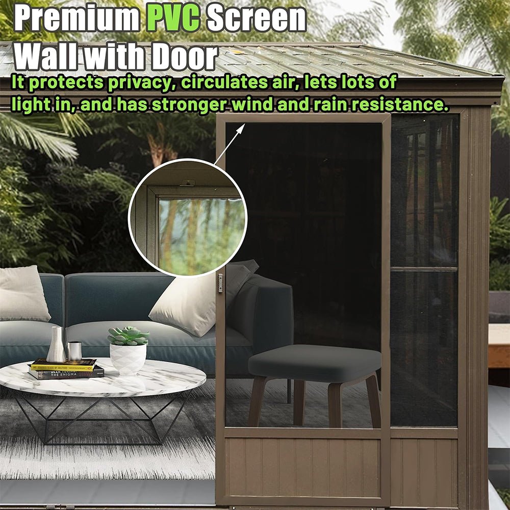 [12X14FT] Large Outdoor All-Season Wall Mounted Sunroom Solarium With Galvanized Steel Roof & Moveable PVC Screen (SAK46475)