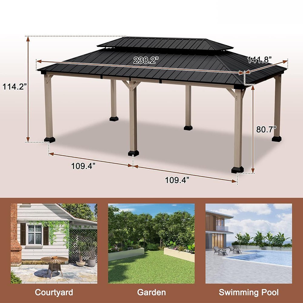 [12X20FT] Alora Heavy-Duty Backyard Cedar Wood Steel Hardtop Double Roof Gazebo Canopy (95726813)