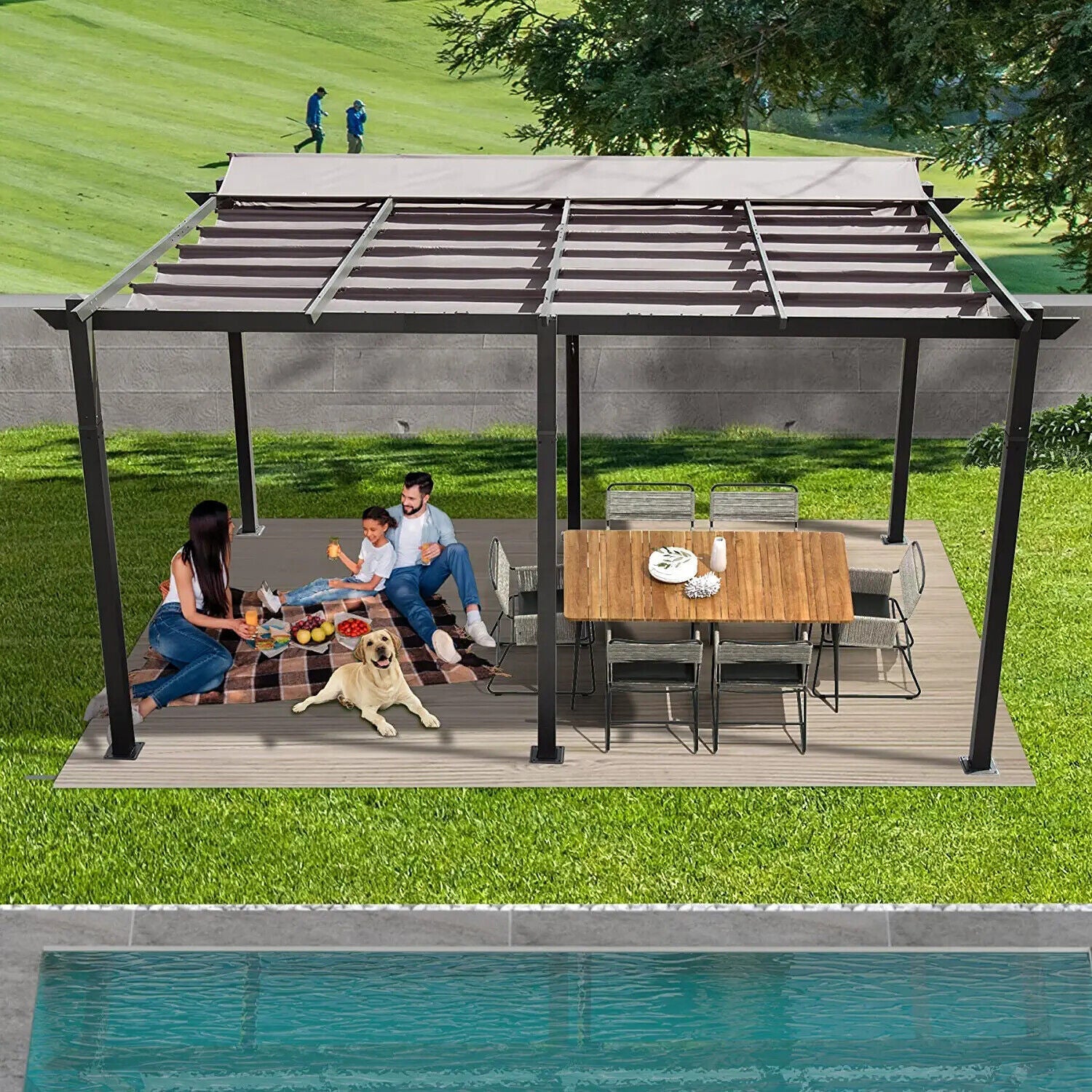 [11X16FT] Outdoor Retractable Backyard Aluminum Metal Pergola Gazebo With Roof (SAK16804)