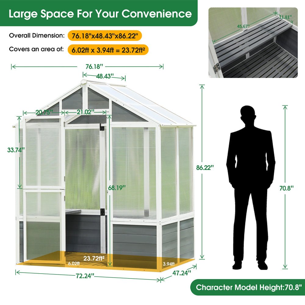 Outdoor Walk-In Polycarbonate Garden Greenhouse With Drain Holes, 4x6FT (SAK51873)