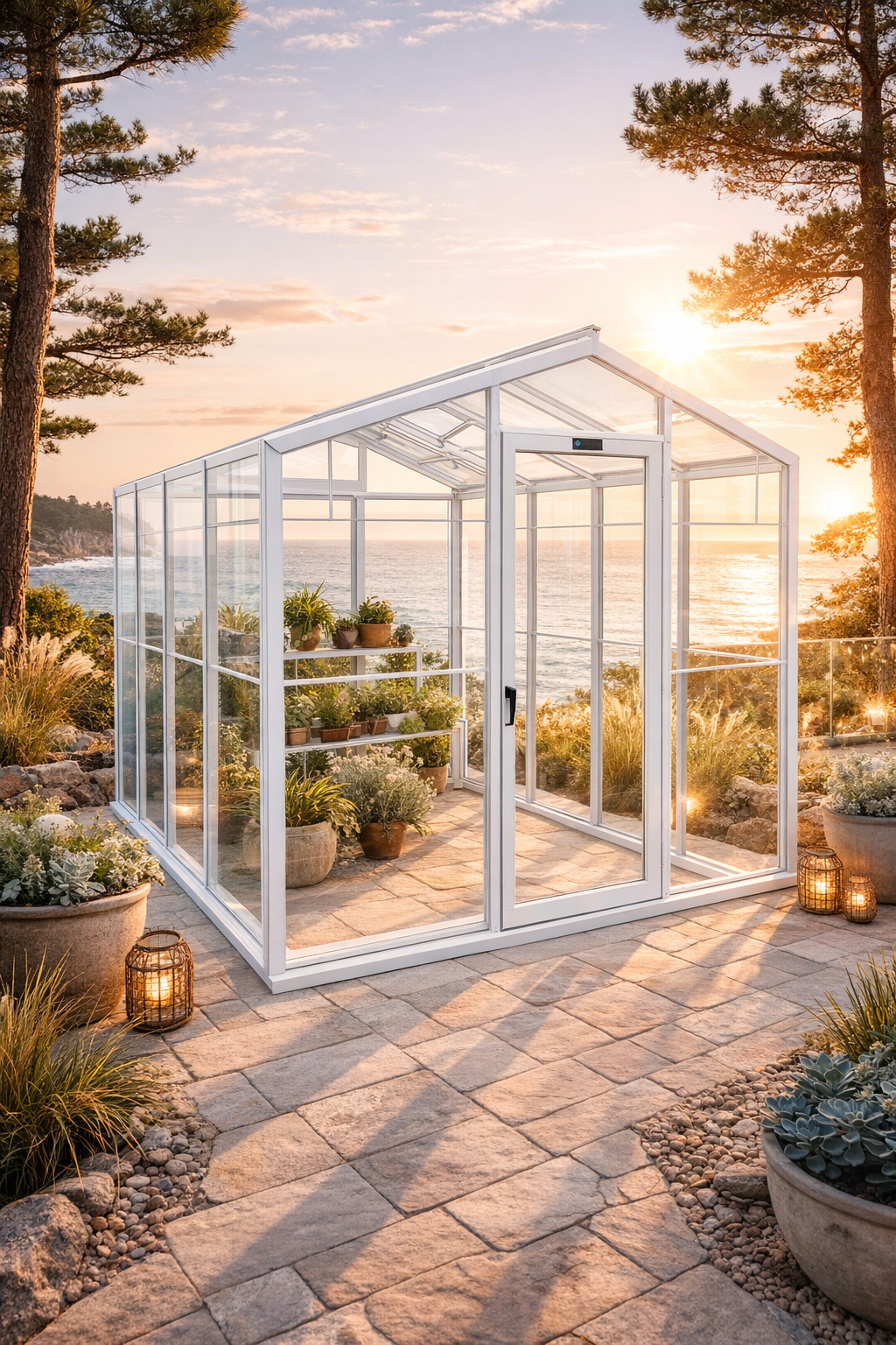 Classic White Glass Greenhouse in Coastal Overlook Scene 